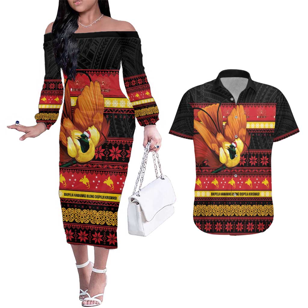 Papua New Guinea Christmas Couples Matching Off The Shoulder Long Sleeve Dress and Hawaiian Shirt Bikpela hamamas blong dispela Krismas - Polynesian Pride