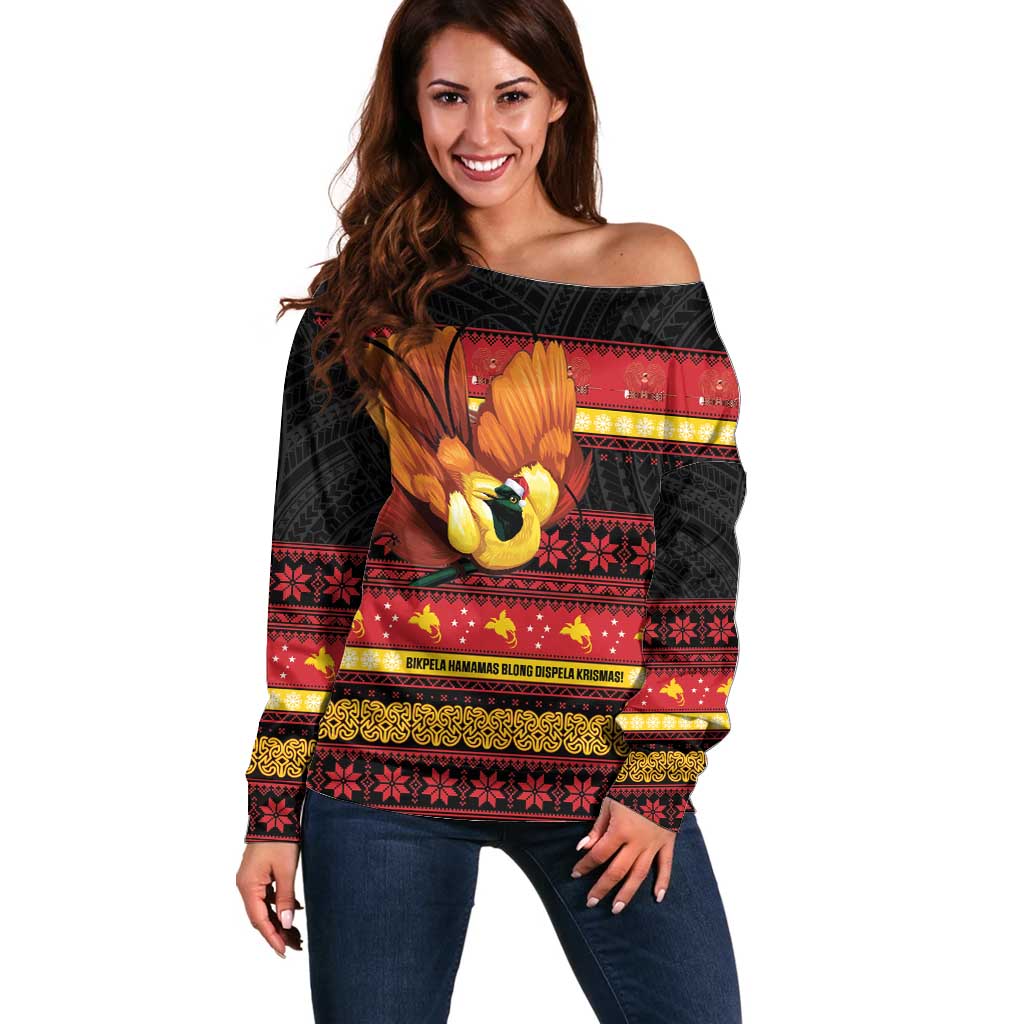 Papua New Guinea Christmas Off Shoulder Sweater Bikpela hamamas blong dispela Krismas - Polynesian Pride