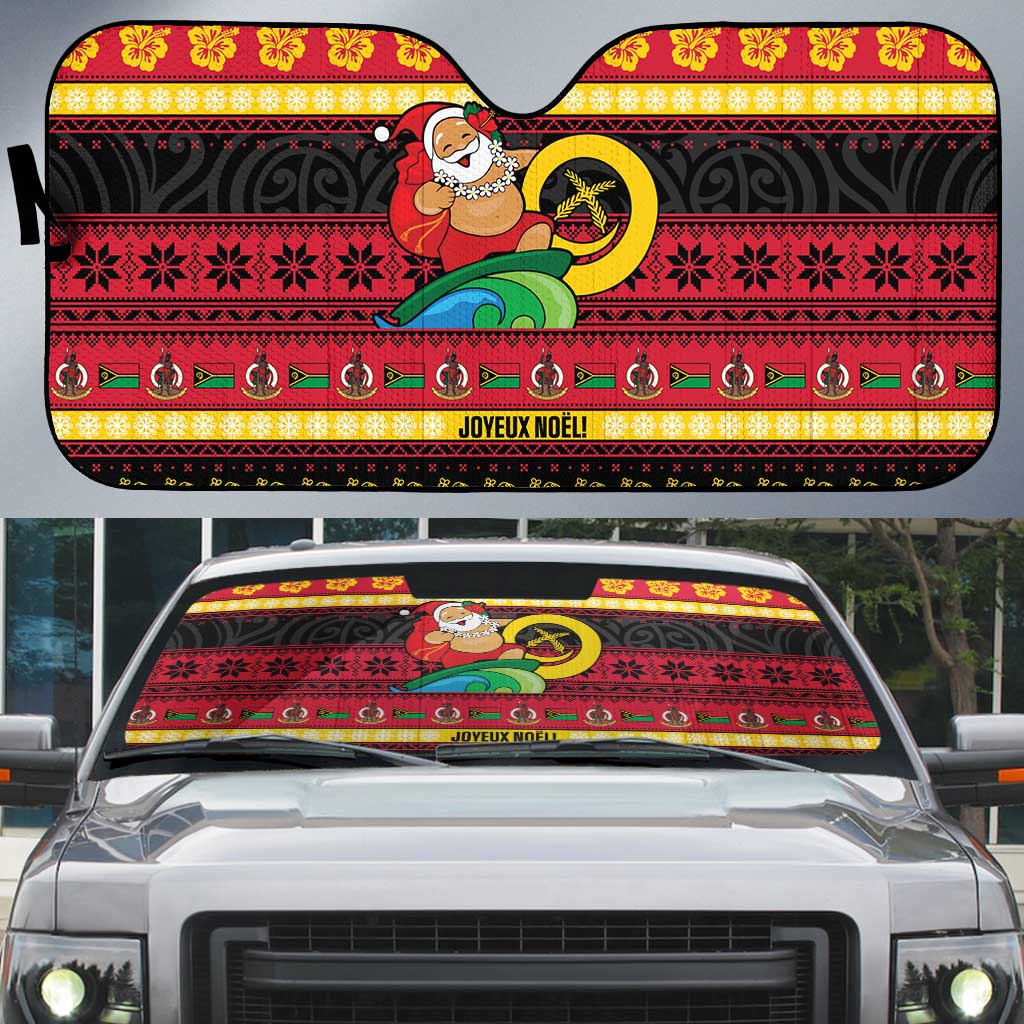 Vanuatu Christmas Auto Sun Shade Joyeux Noel Surfing Santa With Boar Tusk - Polynesian Pride
