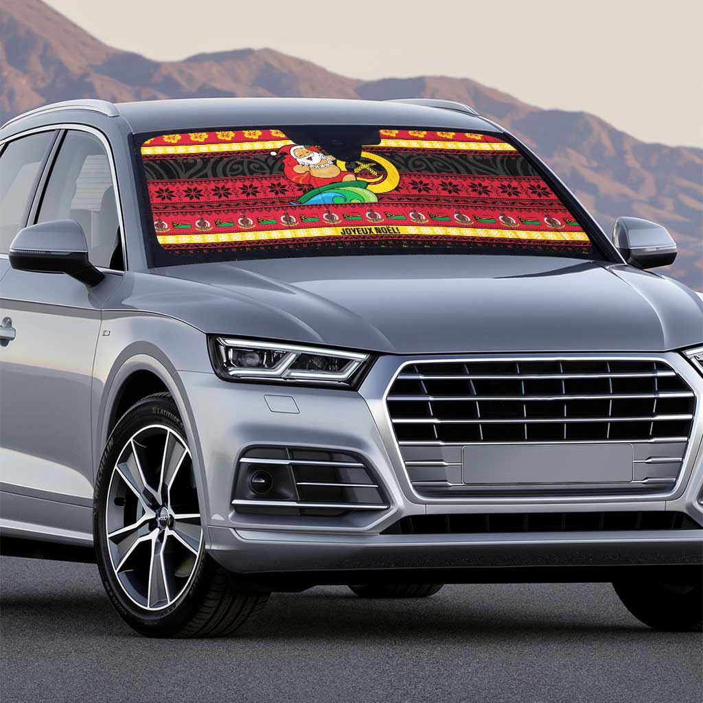 Vanuatu Christmas Auto Sun Shade Joyeux Noel Surfing Santa With Boar Tusk - Polynesian Pride