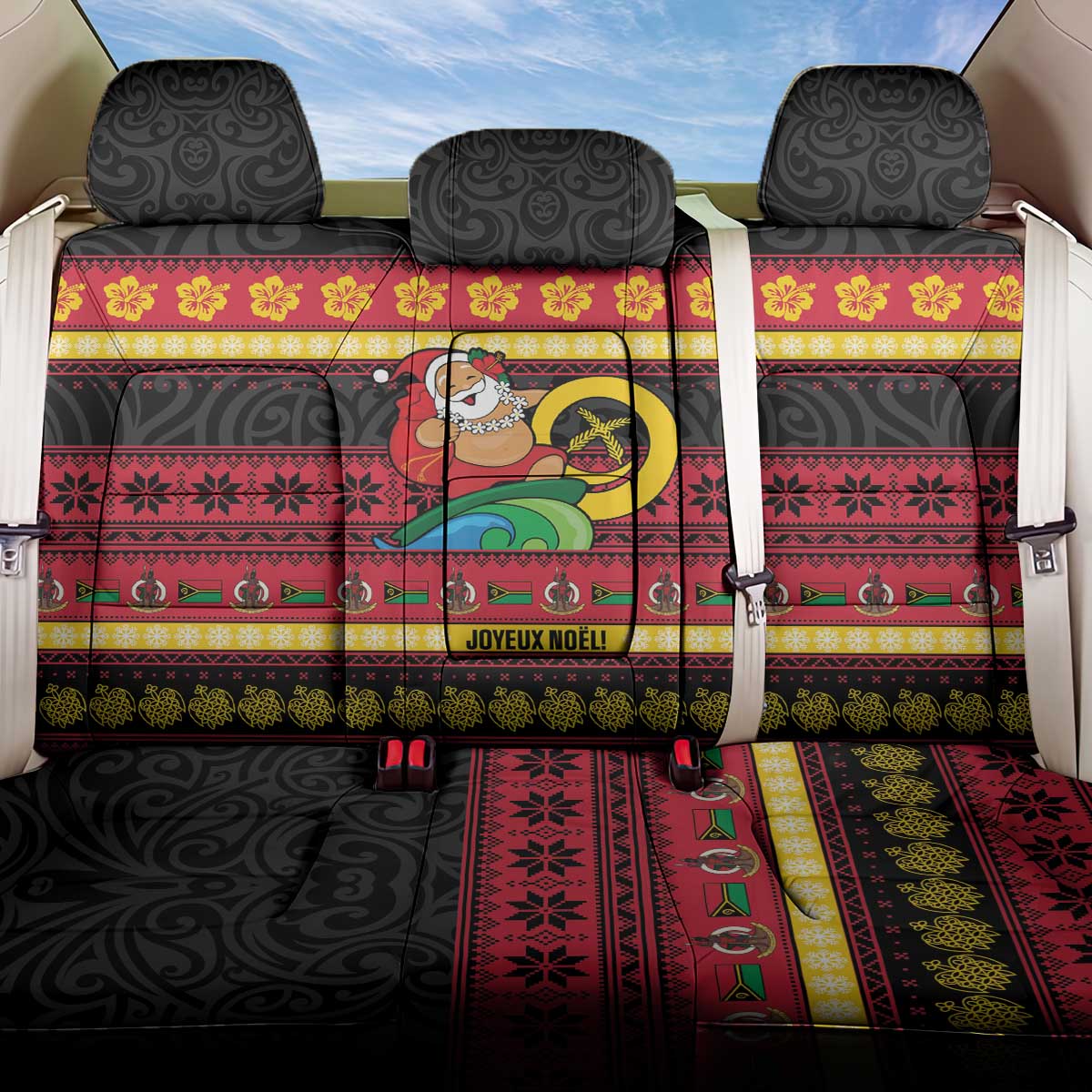 Vanuatu Christmas Back Car Seat Cover Joyeux Noel Surfing Santa With Boar Tusk - Polynesian Pride