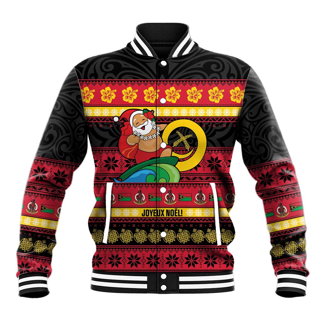 Vanuatu Christmas Baseball Jacket Joyeux Noel Surfing Santa With Boar Tusk - Polynesian Pride