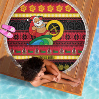 Vanuatu Christmas Beach Blanket Joyeux Noel Surfing Santa With Boar Tusk - Polynesian Pride