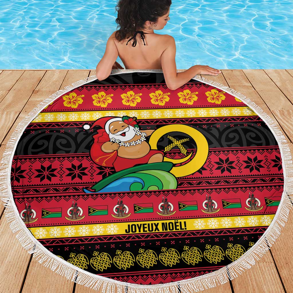 Vanuatu Christmas Beach Blanket Joyeux Noel Surfing Santa With Boar Tusk - Polynesian Pride
