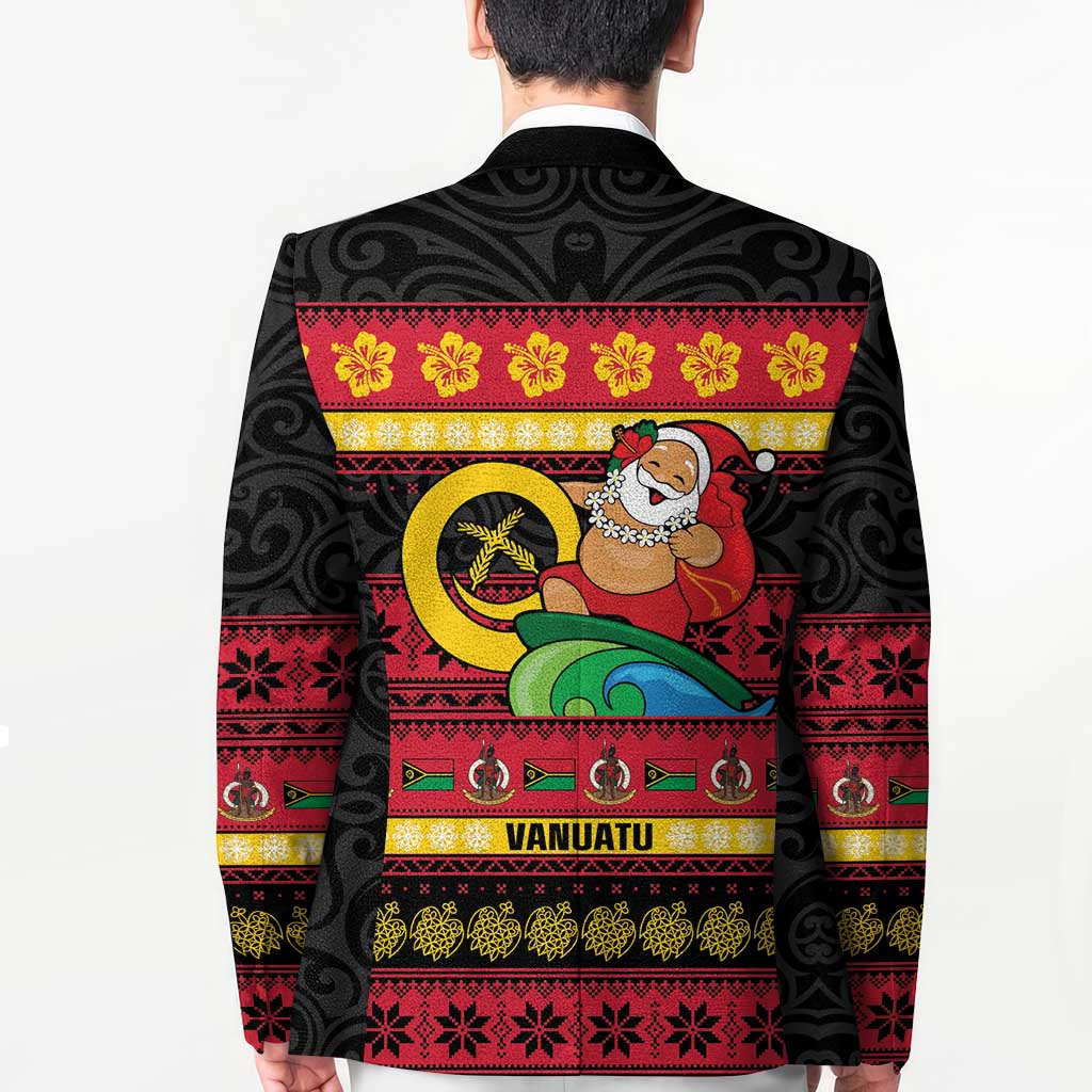 Vanuatu Christmas Blazer Joyeux Noel Surfing Santa With Boar Tusk - Polynesian Pride