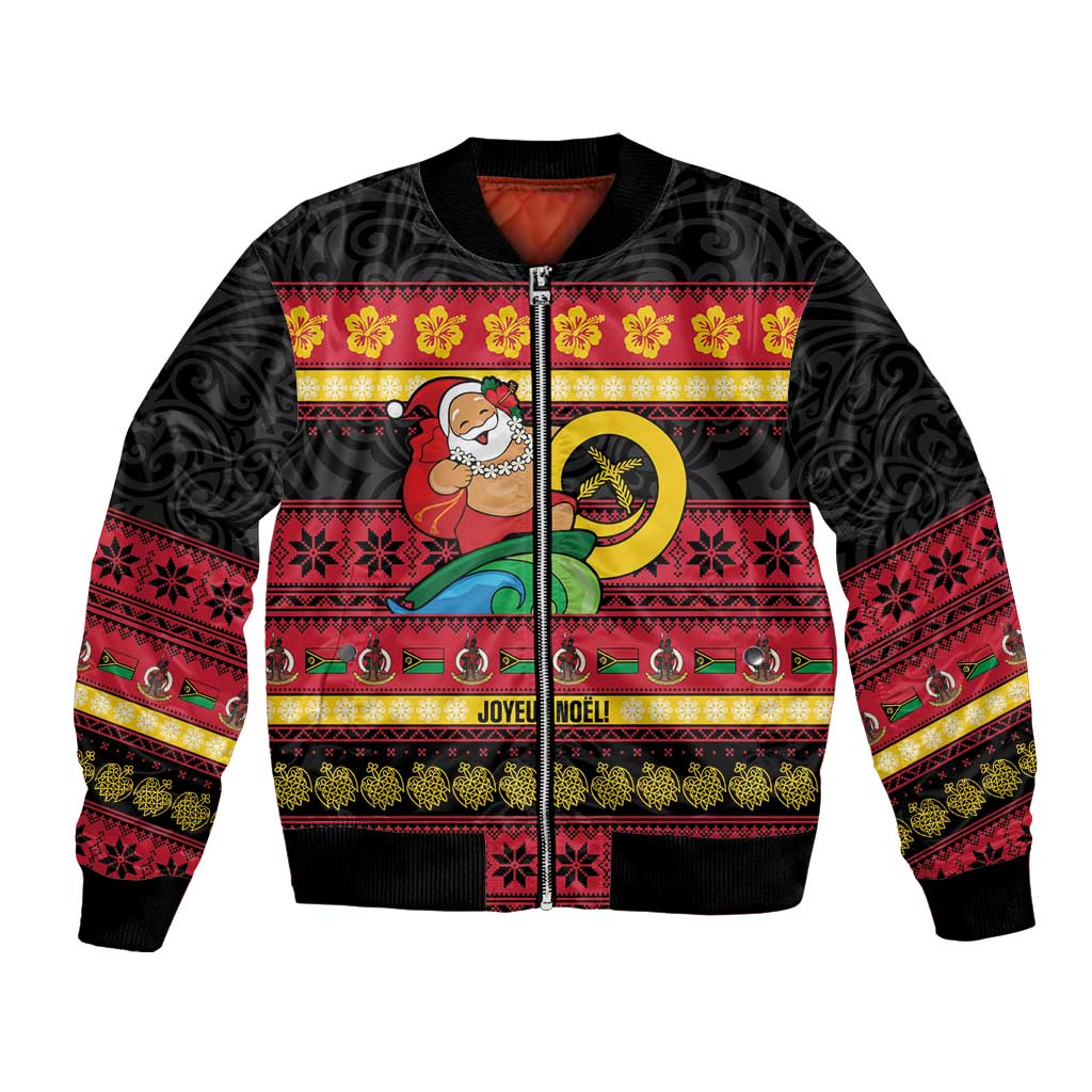 Vanuatu Christmas Bomber Jacket Joyeux Noel Surfing Santa With Boar Tusk - Polynesian Pride