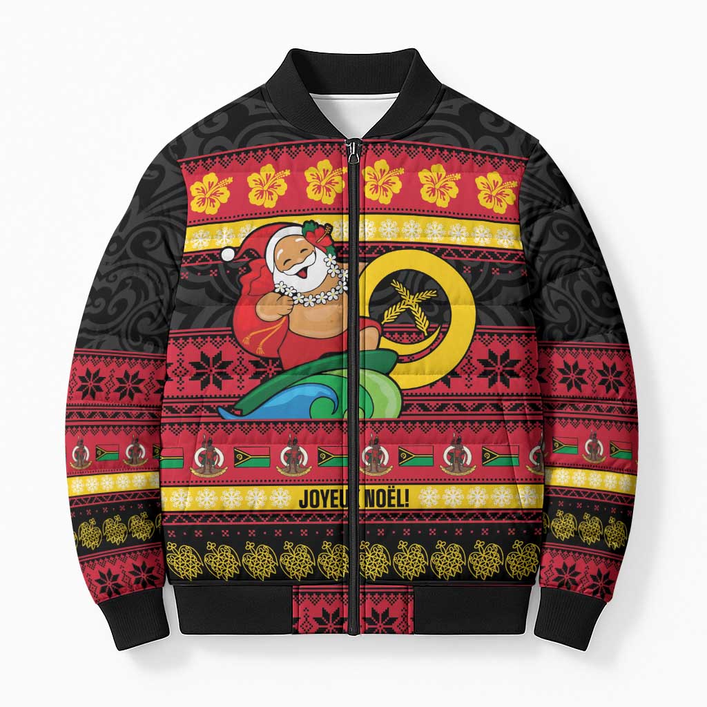 Vanuatu Christmas Bomber Puffer Jacket Joyeux Noel Surfing Santa With Boar Tusk - Polynesian Pride