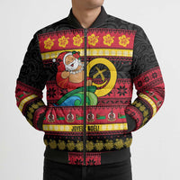 Vanuatu Christmas Bomber Puffer Jacket Joyeux Noel Surfing Santa With Boar Tusk - Polynesian Pride
