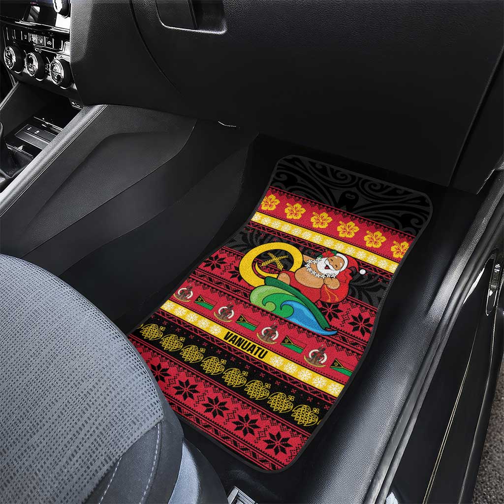 Vanuatu Christmas Car Mats Joyeux Noel Surfing Santa With Boar Tusk - Polynesian Pride