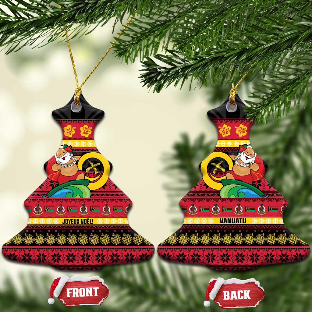 Vanuatu Christmas Ceramic Ornament Joyeux Noel Surfing Santa With Boar Tusk - Polynesian Pride