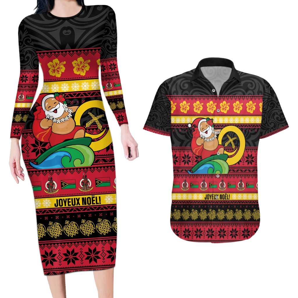 Vanuatu Christmas Couples Matching Long Sleeve Bodycon Dress and Hawaiian Shirt Joyeux Noel Surfing Santa With Boar Tusk - Polynesian Pride