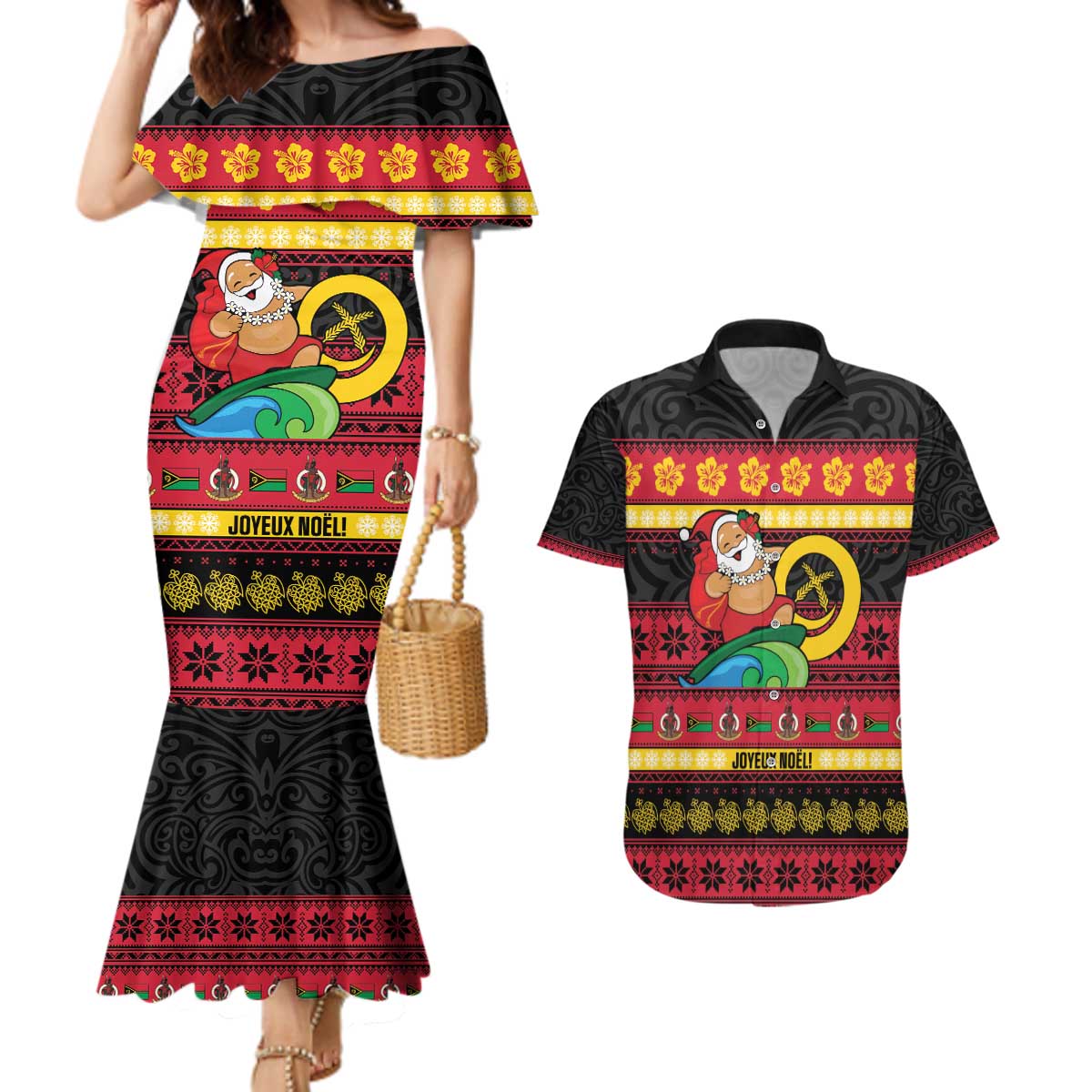 Vanuatu Christmas Couples Matching Mermaid Dress and Hawaiian Shirt Joyeux Noel Surfing Santa With Boar Tusk - Polynesian Pride