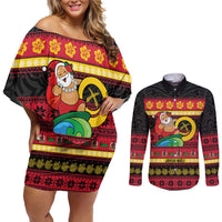 Vanuatu Christmas Couples Matching Off Shoulder Short Dress and Long Sleeve Button Shirt Joyeux Noel Surfing Santa With Boar Tusk - Polynesian Pride
