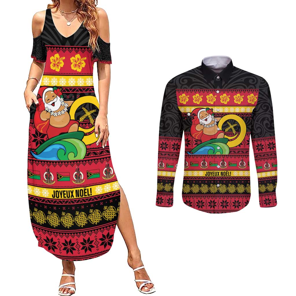 Vanuatu Christmas Couples Matching Summer Maxi Dress and Long Sleeve Button Shirt Joyeux Noel Surfing Santa With Boar Tusk - Polynesian Pride
