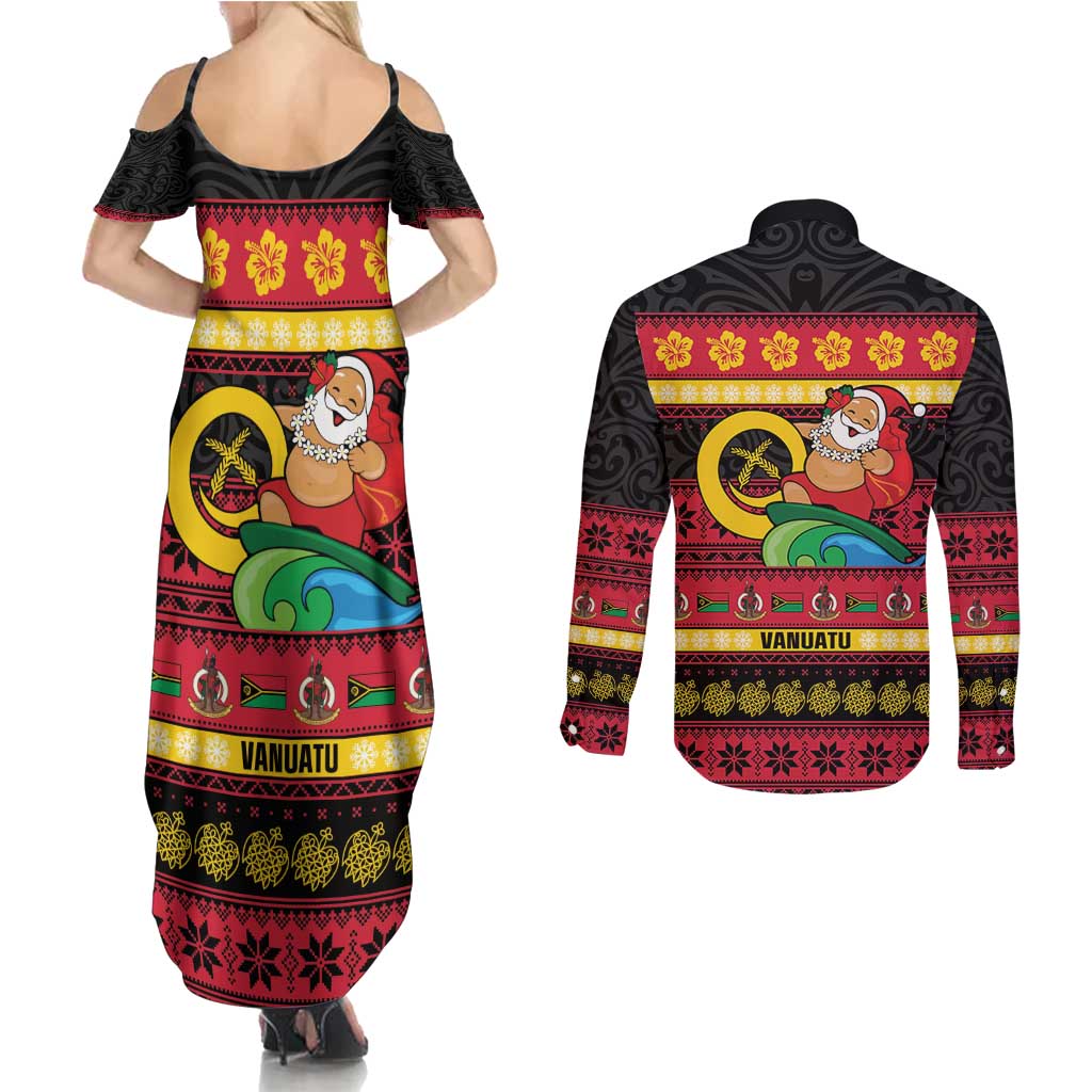Vanuatu Christmas Couples Matching Summer Maxi Dress and Long Sleeve Button Shirt Joyeux Noel Surfing Santa With Boar Tusk - Polynesian Pride