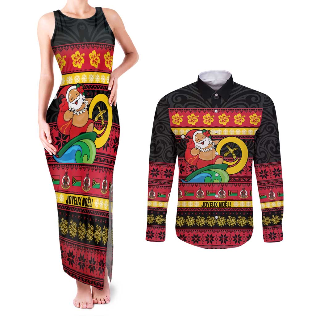 Vanuatu Christmas Couples Matching Tank Maxi Dress and Long Sleeve Button Shirt Joyeux Noel Surfing Santa With Boar Tusk - Polynesian Pride