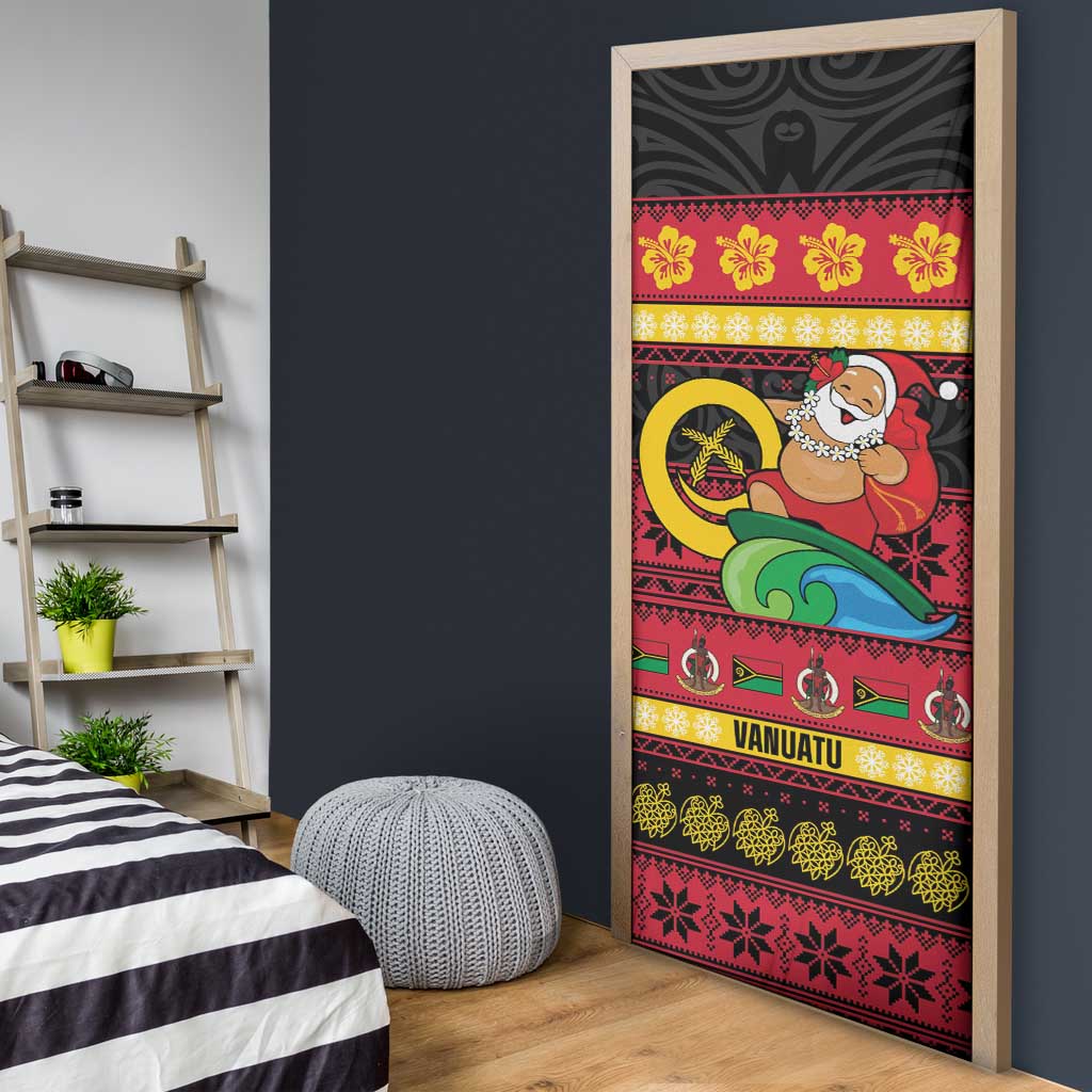 Vanuatu Christmas Door Cover Joyeux Noel Surfing Santa With Boar Tusk - Polynesian Pride