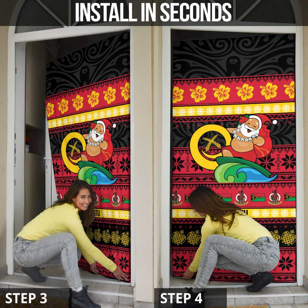 Vanuatu Christmas Door Cover Joyeux Noel Surfing Santa With Boar Tusk - Polynesian Pride
