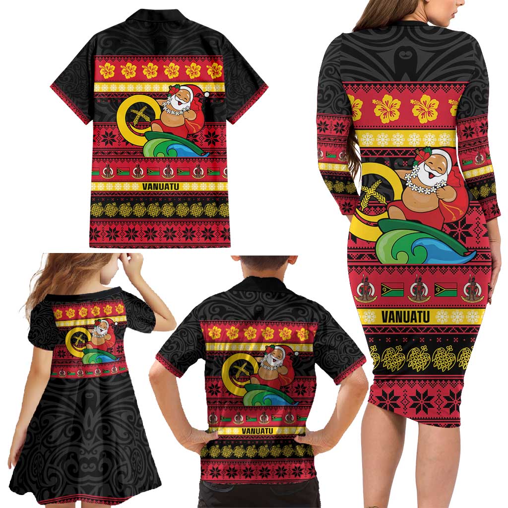 Vanuatu Christmas Family Matching Long Sleeve Bodycon Dress and Hawaiian Shirt Joyeux Noel Surfing Santa With Boar Tusk - Polynesian Pride
