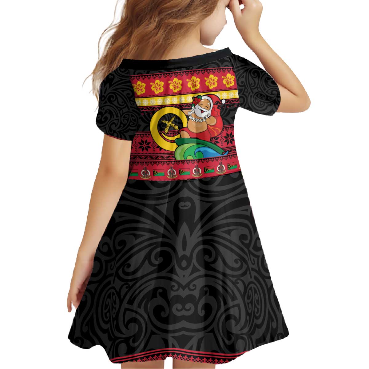 Vanuatu Christmas Family Matching Off The Shoulder Long Sleeve Dress and Hawaiian Shirt Joyeux Noel Surfing Santa With Boar Tusk - Polynesian Pride