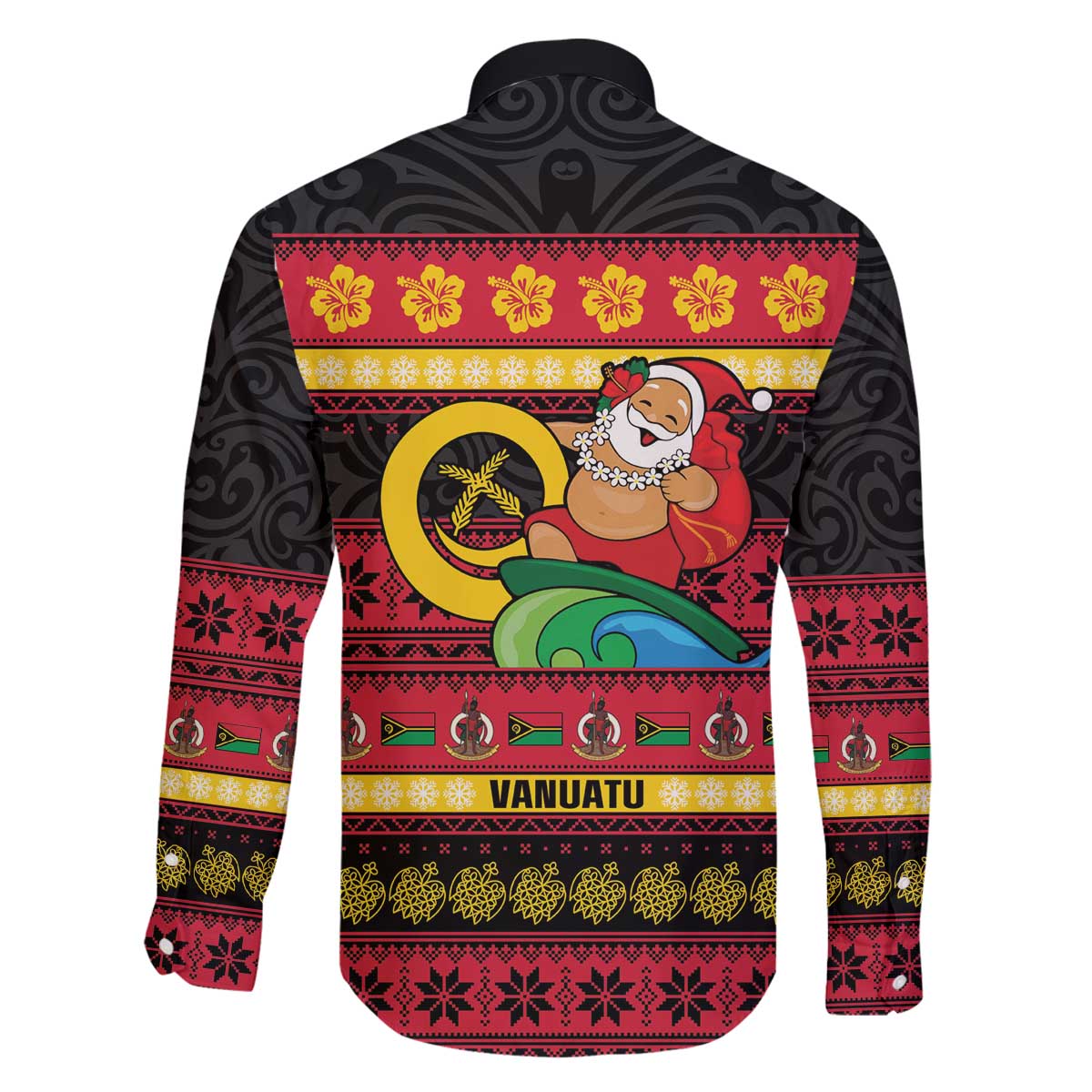 Vanuatu Christmas Family Matching Off The Shoulder Long Sleeve Dress and Hawaiian Shirt Joyeux Noel Surfing Santa With Boar Tusk - Polynesian Pride