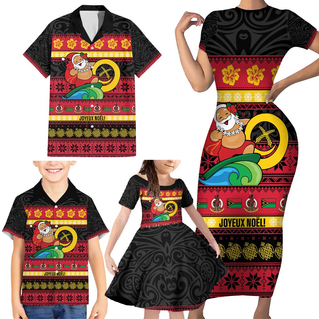 Vanuatu Christmas Family Matching Short Sleeve Bodycon Dress and Hawaiian Shirt Joyeux Noel Surfing Santa With Boar Tusk - Polynesian Pride