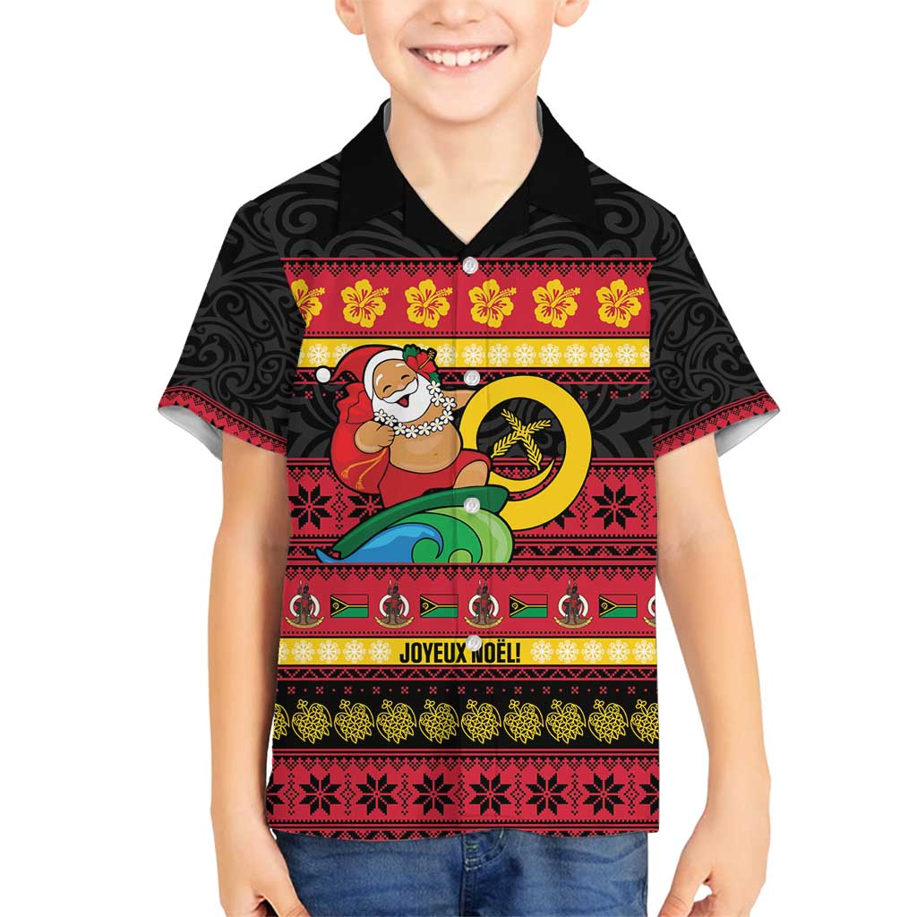 Vanuatu Christmas Family Matching Tank Maxi Dress and Hawaiian Shirt Joyeux Noel Surfing Santa With Boar Tusk - Polynesian Pride