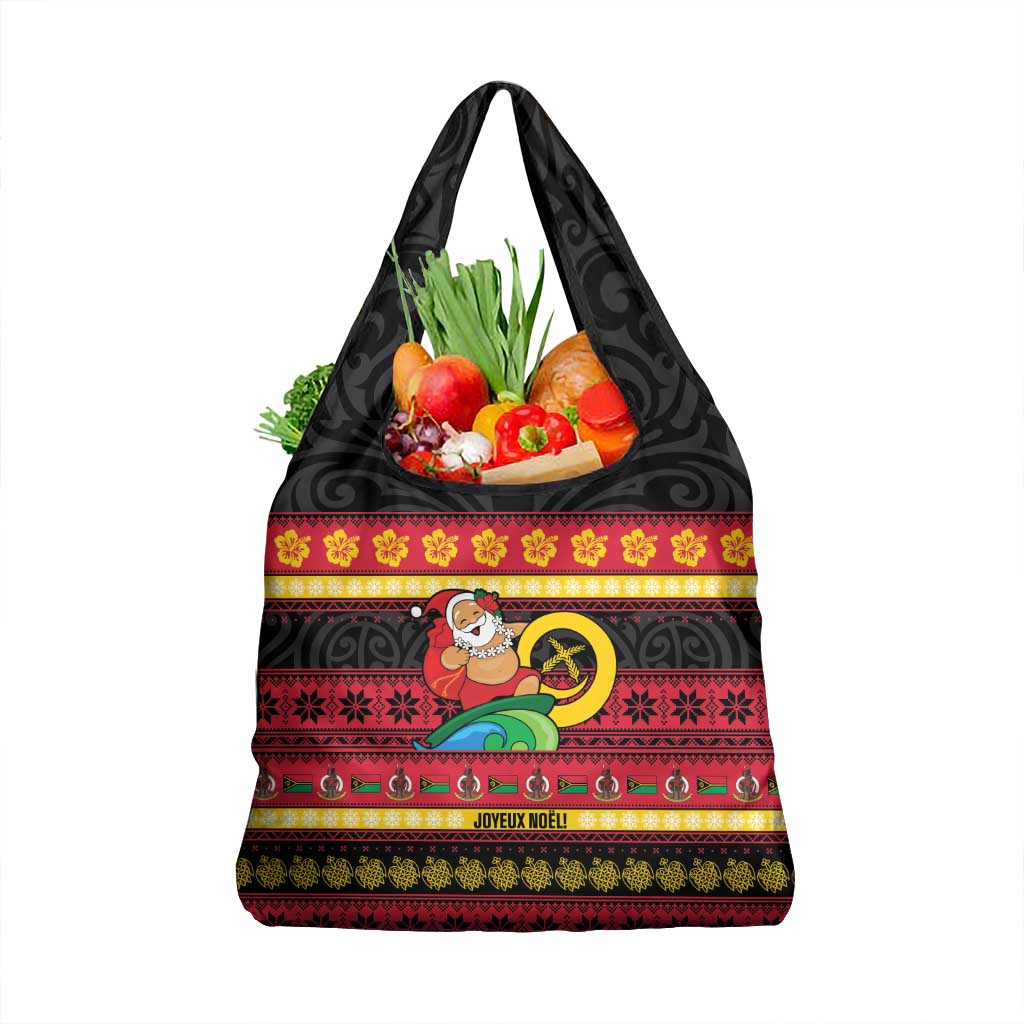 Vanuatu Christmas Grocery Bag Joyeux Noel Surfing Santa With Boar Tusk - Polynesian Pride