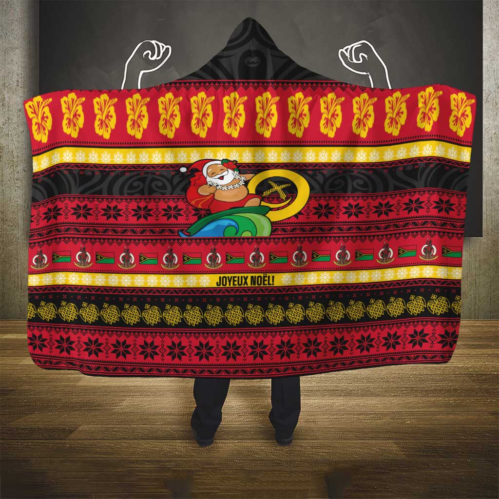 Vanuatu Christmas Hooded Blanket Joyeux Noel Surfing Santa With Boar Tusk - Polynesian Pride