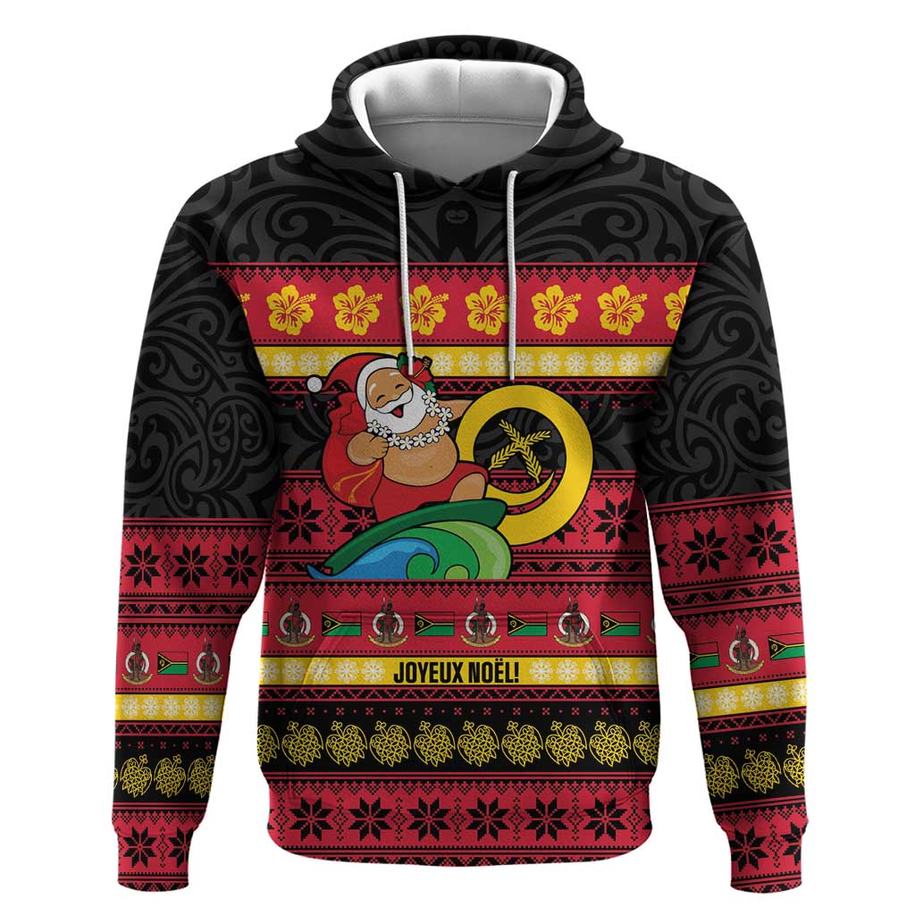 Vanuatu Christmas Hoodie Joyeux Noel Surfing Santa With Boar Tusk - Polynesian Pride