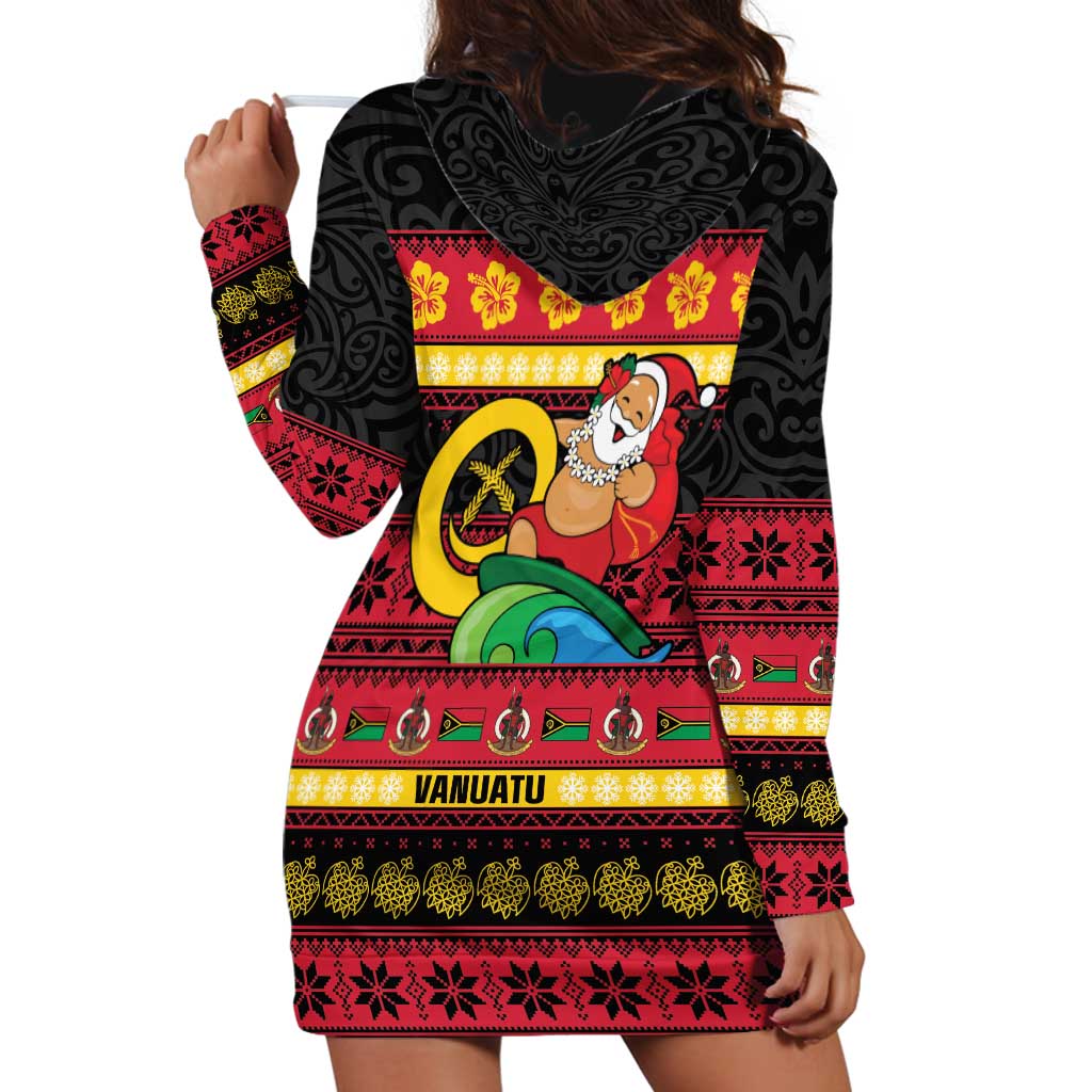 Vanuatu Christmas Hoodie Dress Joyeux Noel Surfing Santa With Boar Tusk - Polynesian Pride
