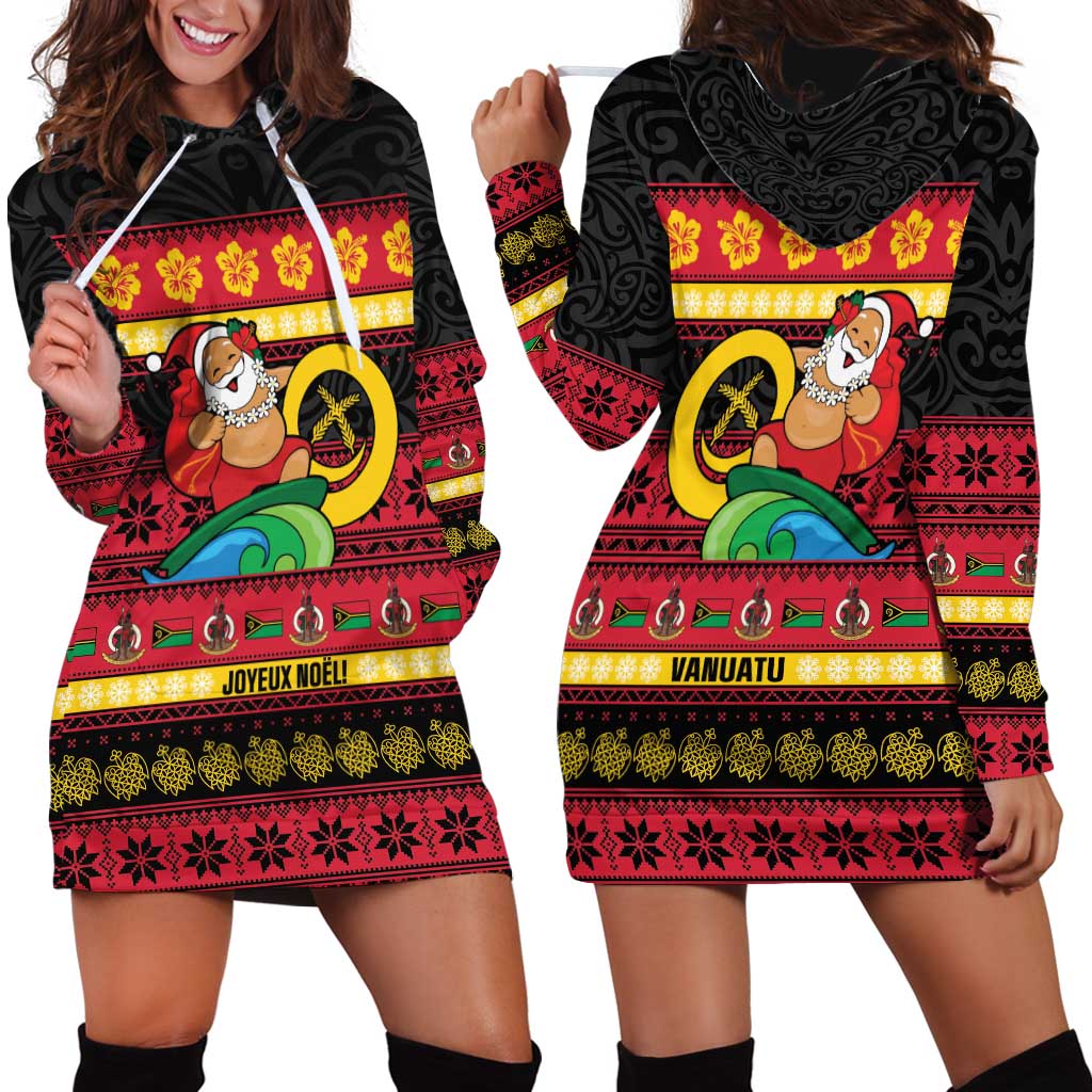 Vanuatu Christmas Hoodie Dress Joyeux Noel Surfing Santa With Boar Tusk - Polynesian Pride