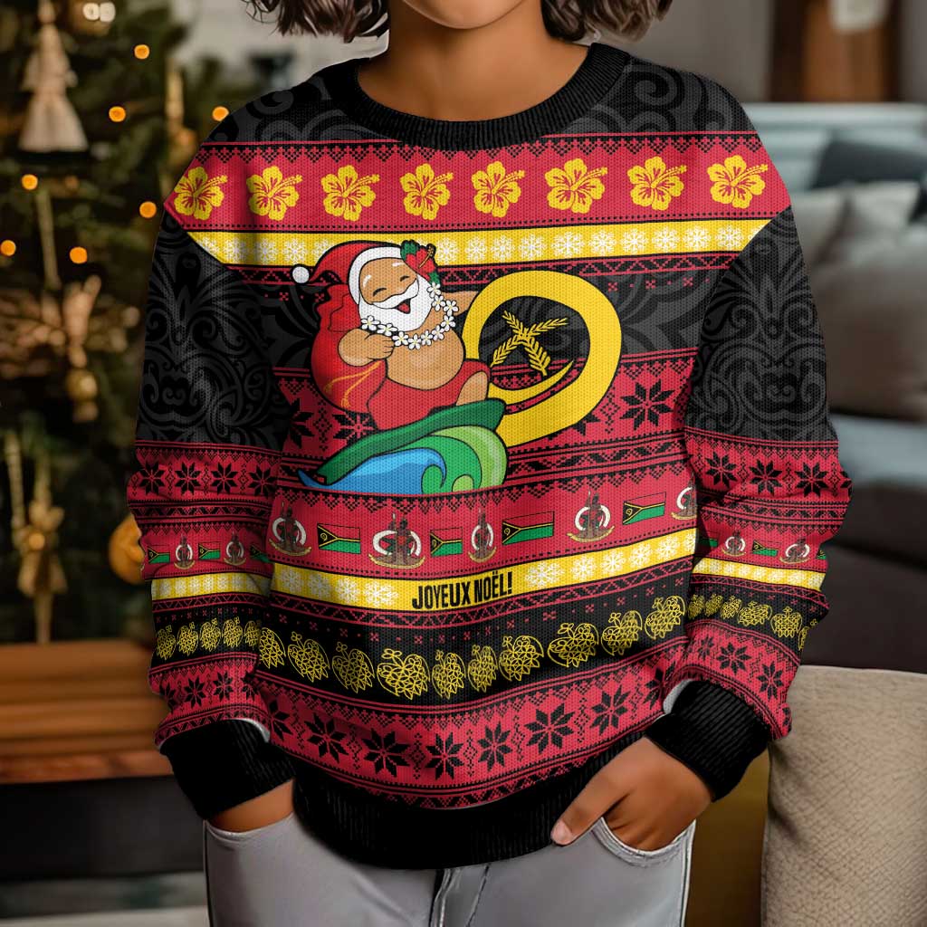 Vanuatu Christmas Kid Ugly Christmas Sweater Joyeux Noel Surfing Santa With Boar Tusk - Polynesian Pride