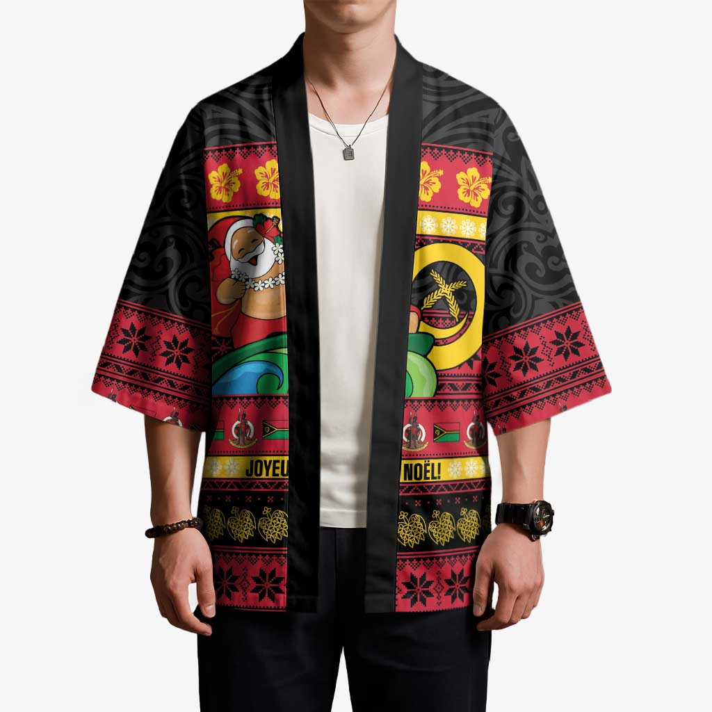 Vanuatu Christmas Kimono Joyeux Noel Surfing Santa With Boar Tusk - Polynesian Pride
