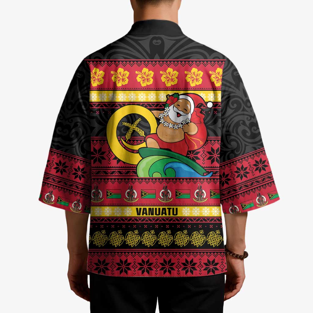 Vanuatu Christmas Kimono Joyeux Noel Surfing Santa With Boar Tusk - Polynesian Pride