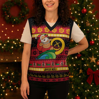 Vanuatu Christmas Knitted V-Neck Vest Joyeux Noel Surfing Santa With Boar Tusk - Polynesian Pride