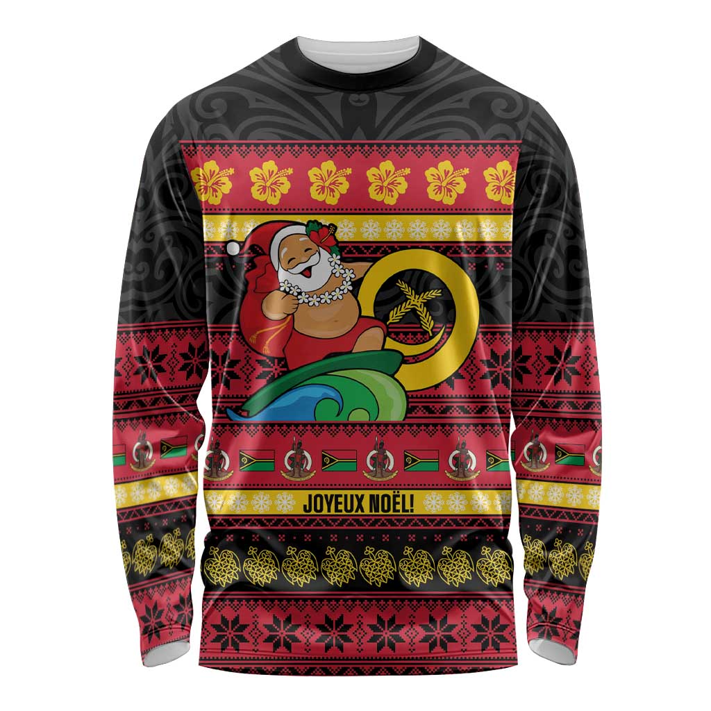 Vanuatu Christmas Long Sleeve Shirt Joyeux Noel Surfing Santa With Boar Tusk - Polynesian Pride