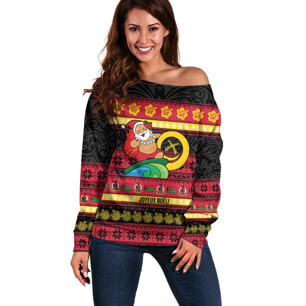 Vanuatu Christmas Off Shoulder Sweater Joyeux Noel Surfing Santa With Boar Tusk - Polynesian Pride