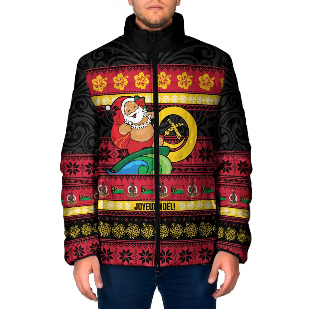 Vanuatu Christmas Padded Jacket Joyeux Noel Surfing Santa With Boar Tusk - Polynesian Pride