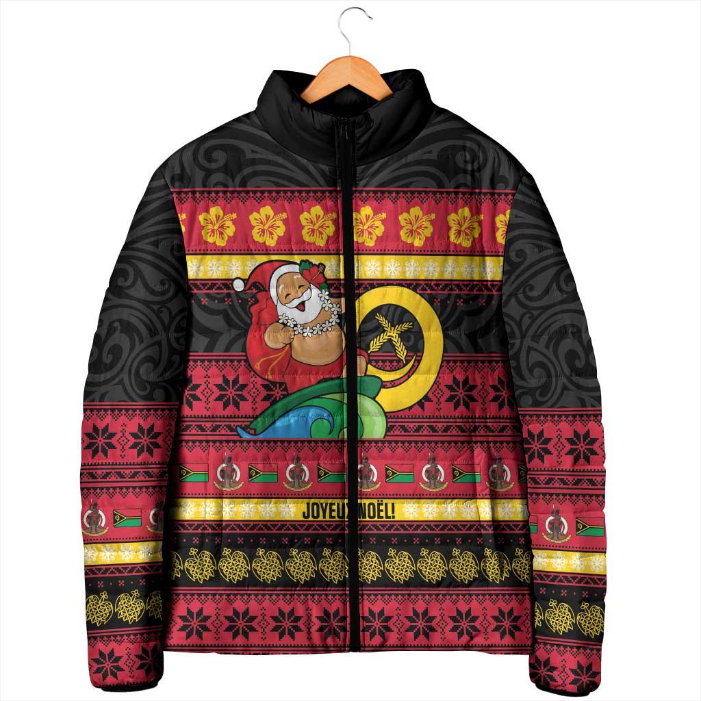 Vanuatu Christmas Padded Jacket Joyeux Noel Surfing Santa With Boar Tusk - Polynesian Pride