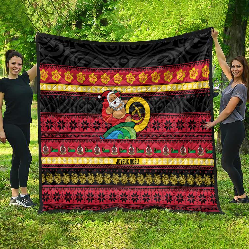 Vanuatu Christmas Quilt Joyeux Noel Surfing Santa With Boar Tusk - Polynesian Pride