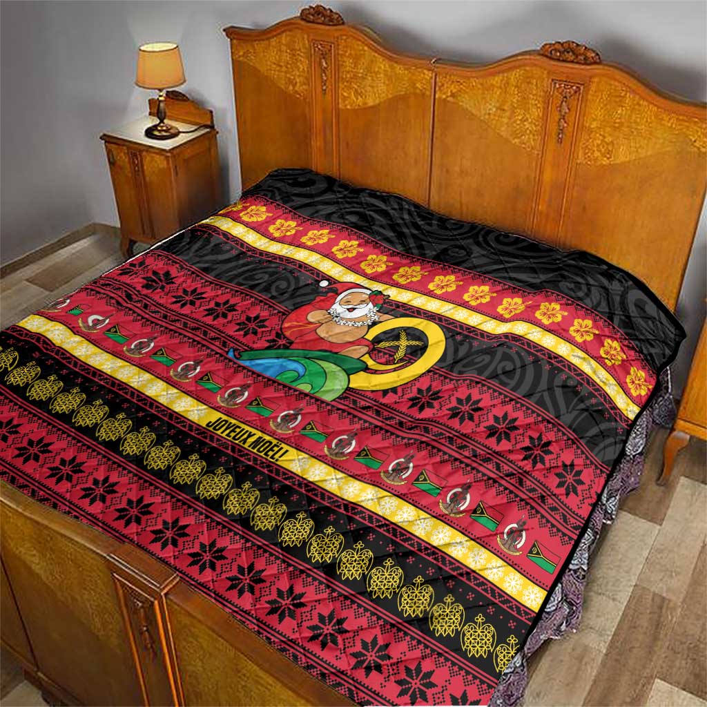 Vanuatu Christmas Quilt Joyeux Noel Surfing Santa With Boar Tusk - Polynesian Pride