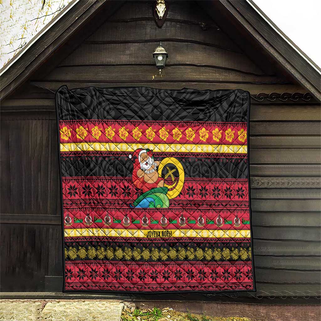 Vanuatu Christmas Quilt Joyeux Noel Surfing Santa With Boar Tusk - Polynesian Pride