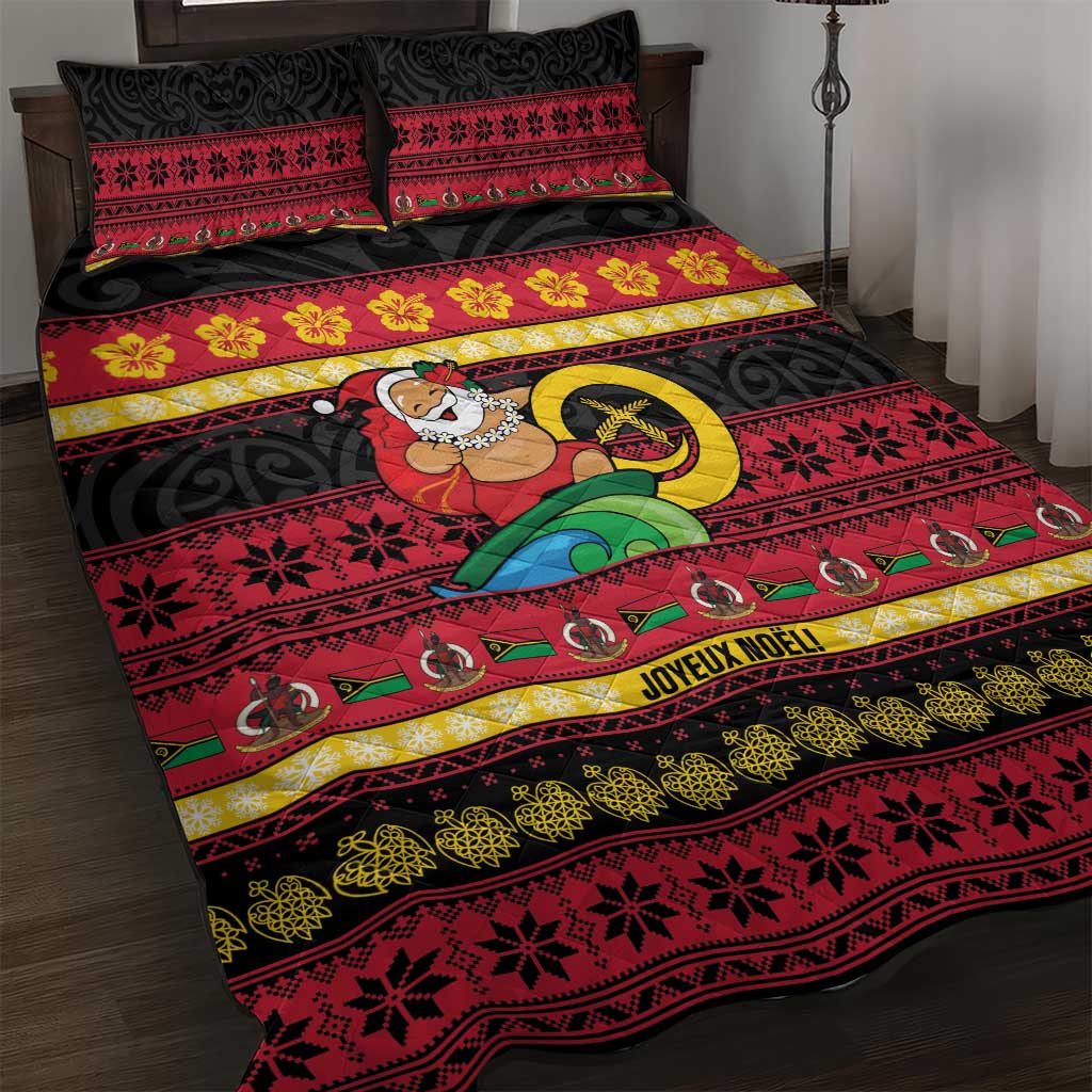Vanuatu Christmas Quilt Bed Set Joyeux Noel Surfing Santa With Boar Tusk - Polynesian Pride