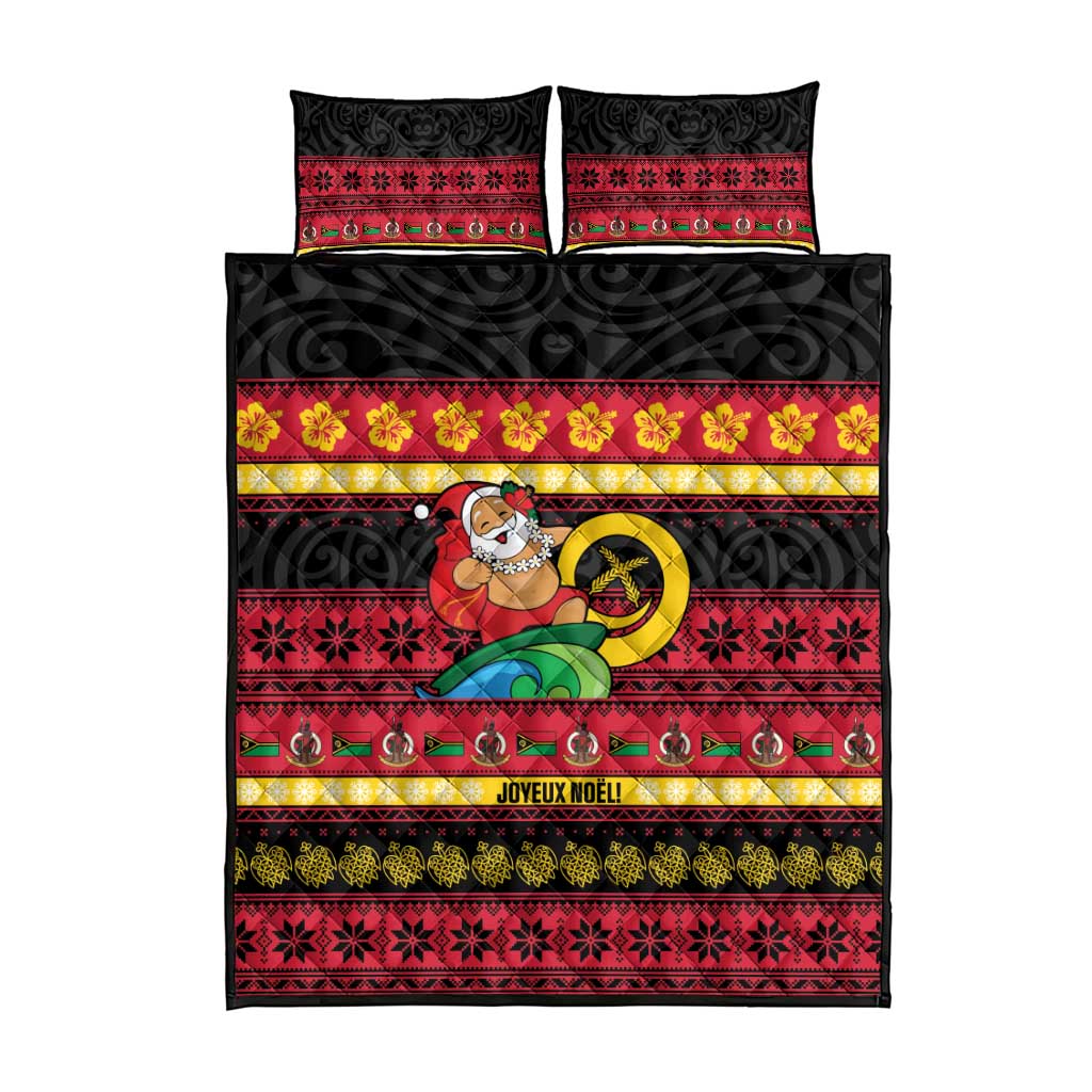 Vanuatu Christmas Quilt Bed Set Joyeux Noel Surfing Santa With Boar Tusk - Polynesian Pride