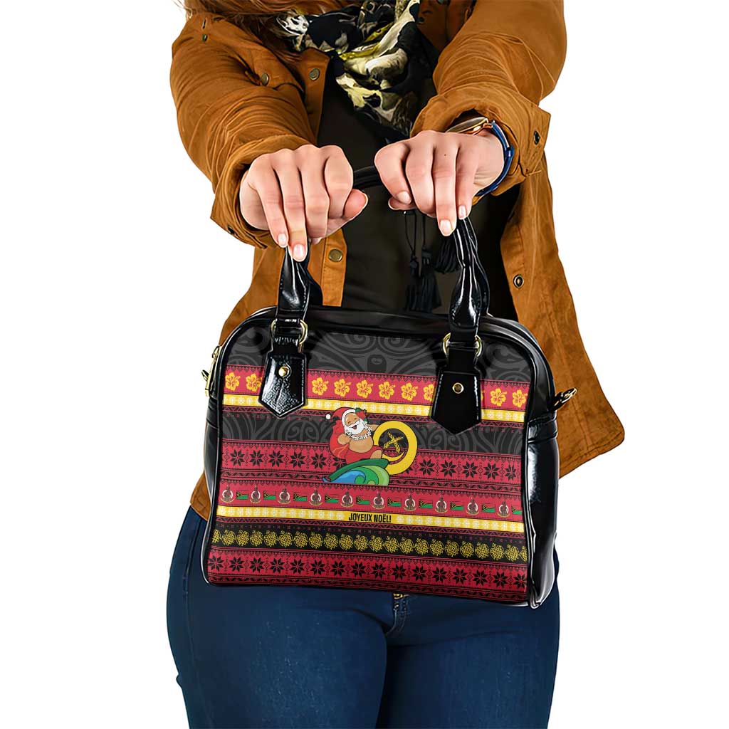 Vanuatu Christmas Shoulder Handbag Joyeux Noel Surfing Santa With Boar Tusk - Polynesian Pride