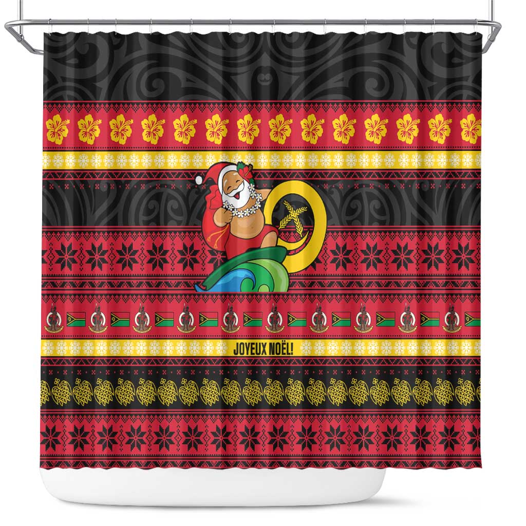 Vanuatu Christmas Shower Curtain Joyeux Noel Surfing Santa With Boar Tusk - Polynesian Pride