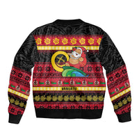 Vanuatu Christmas Sleeve Zip Bomber Jacket Joyeux Noel Surfing Santa With Boar Tusk - Polynesian Pride
