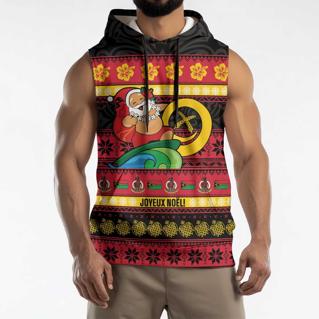 Vanuatu Christmas Sleeveless Hoodie Joyeux Noel Surfing Santa With Boar Tusk - Polynesian Pride