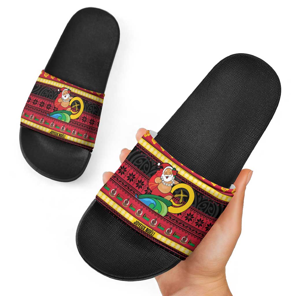 Vanuatu Christmas Slide Sandals Joyeux Noel Surfing Santa With Boar Tusk - Polynesian Pride